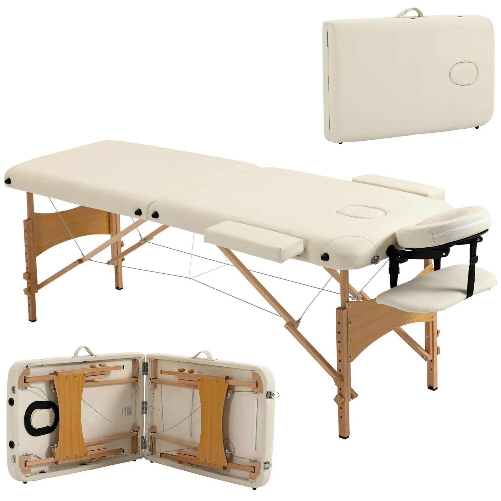 HOMCOM Wooden Folding Spa Beauty Massage Table w/ 2 Sections, Carry Bag in Cream 2
