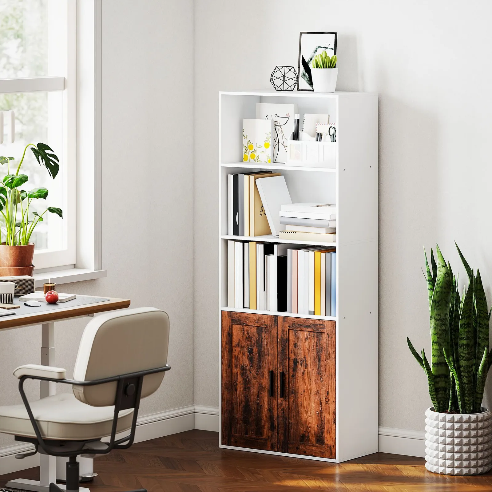 HOMCOM 5-Tier Bookcase, Tall Bookshelf with Adjustable Shelf, Rustic Brown