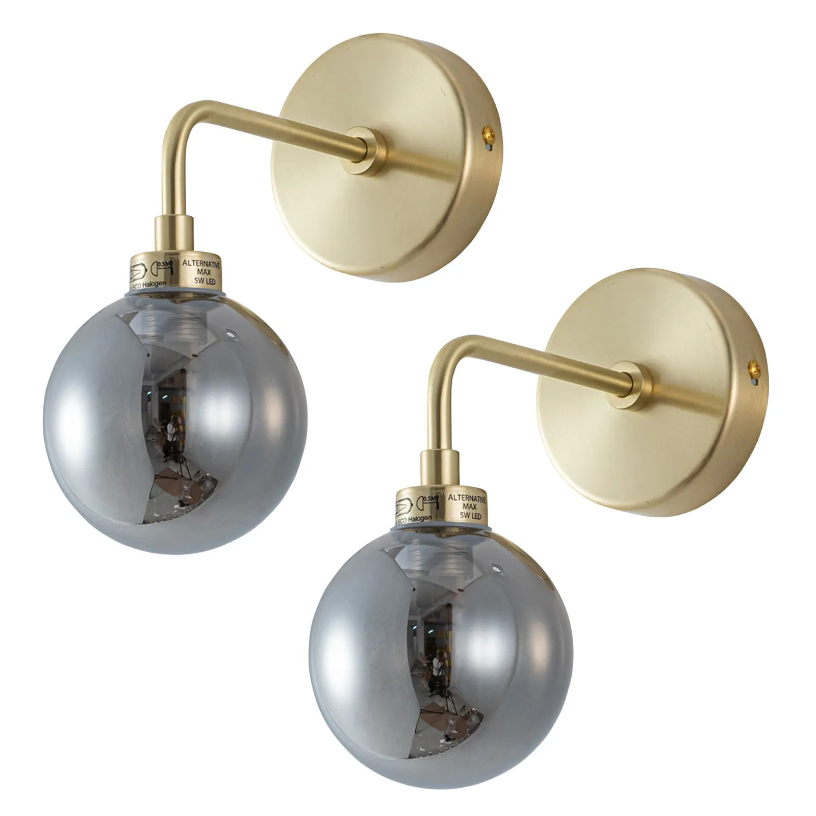 First Choice Lighting Set of 2 Toner - Satin Brass with Smoked Glass Globe Wall Lights in Gold