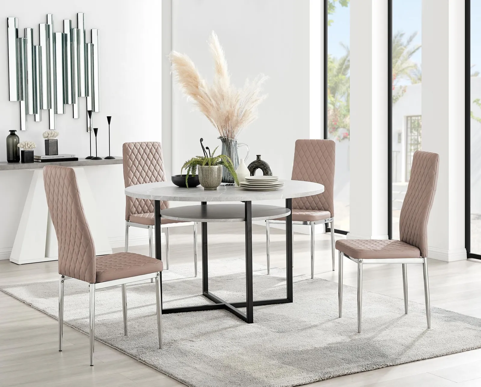 FurnitureboxUK Adley Grey Concrete Effect Round Dining Table & 4 Milan Chrome Leg Faux Leather Chairs in Beige