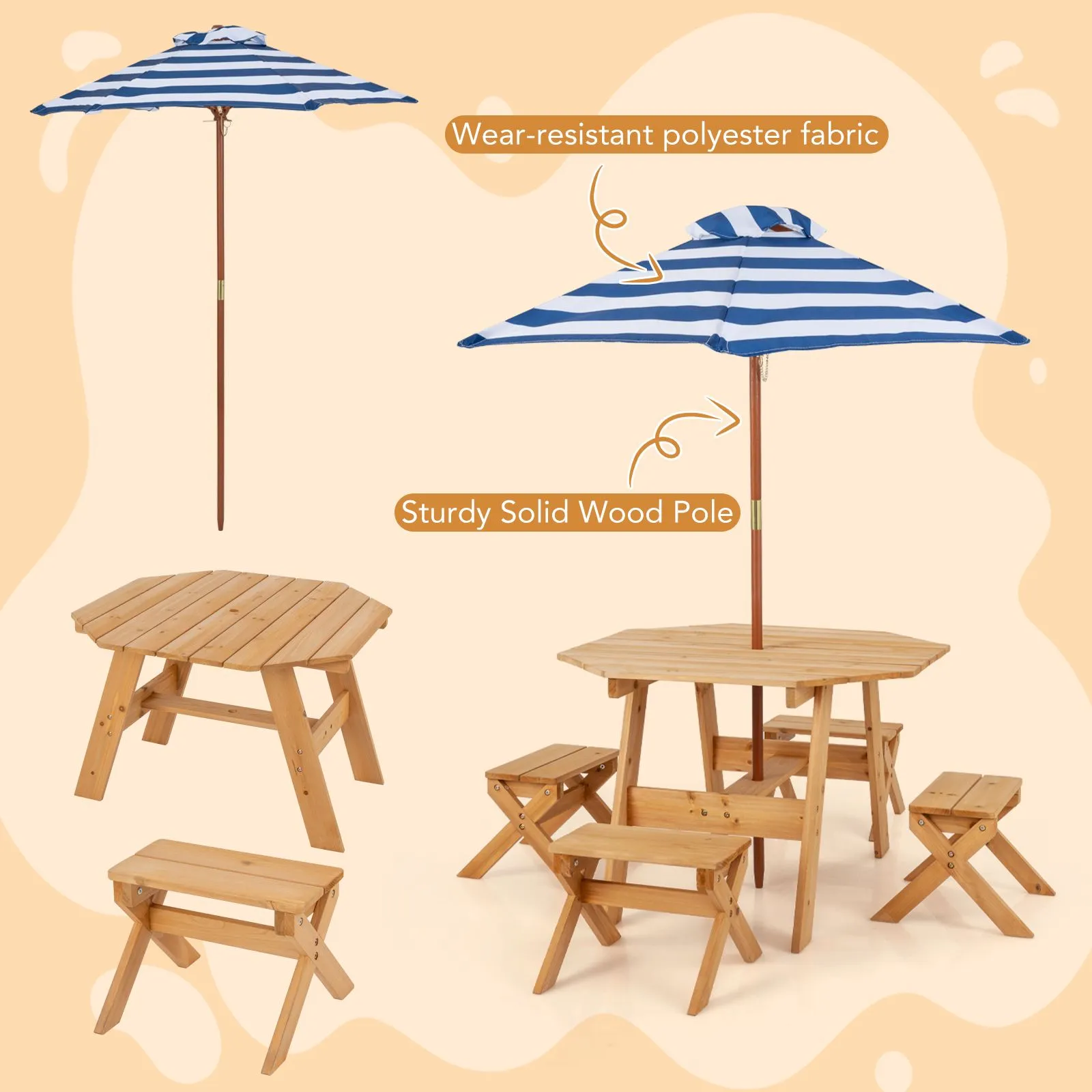 Costway Wooden Octagon Table Set Picnic Table & 4 Chairs with Umbrella in Natural 6