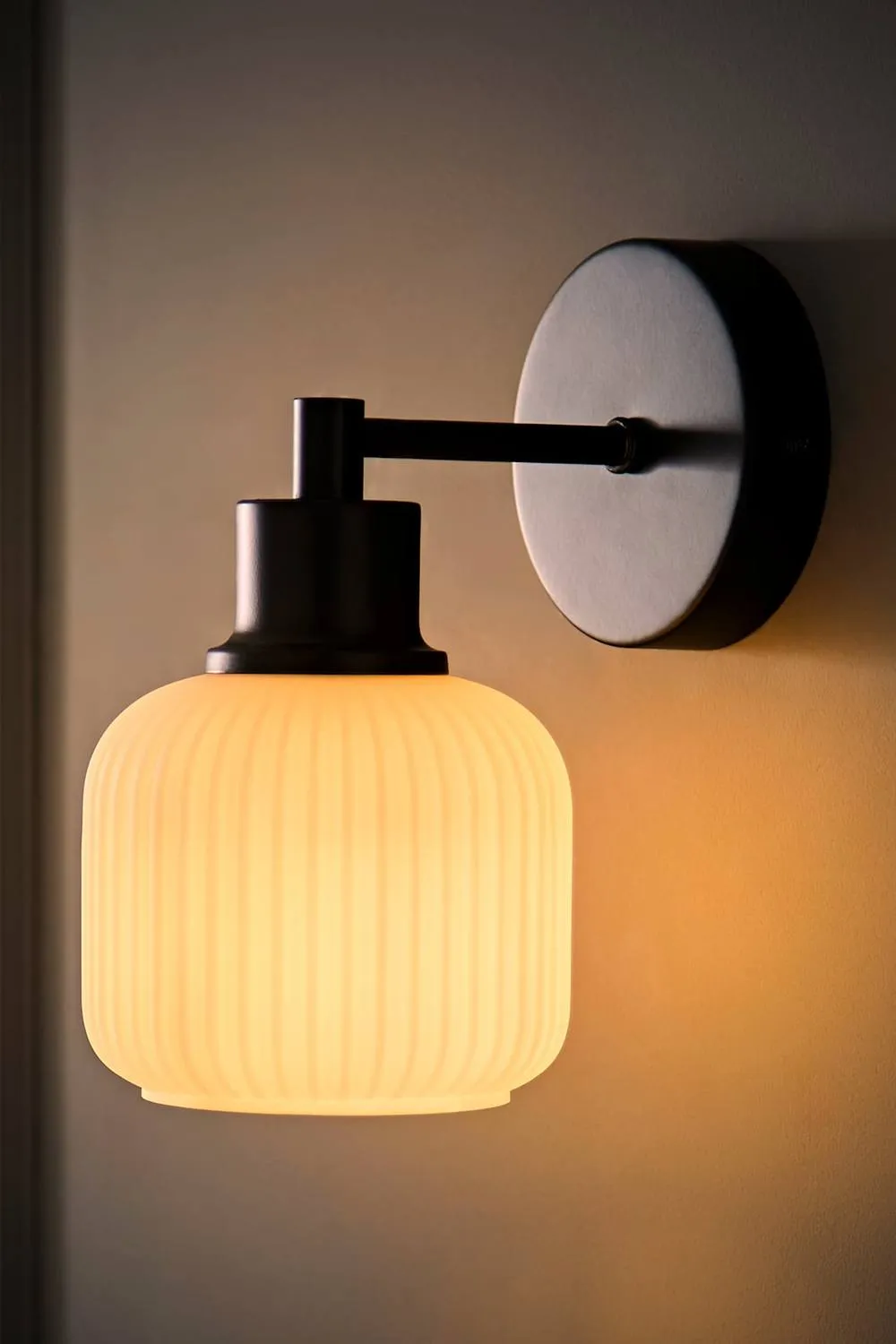 ValueLights Calpe Ribbed Glass Semi Flush Metallic Arm Wall Light & Bulb in Black 2