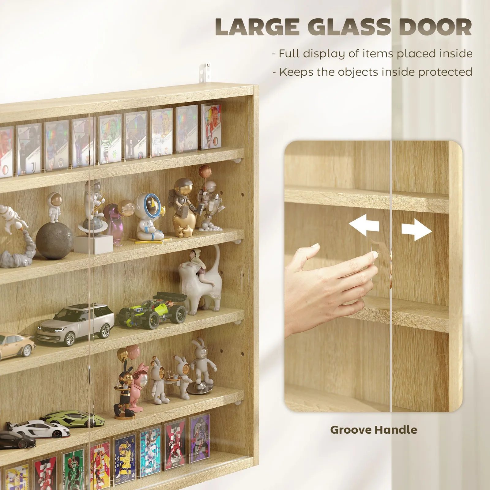 HOMCOM 5-Tier Wall Display Shelf Unit Cabinet w/ Shelves Glass Doors in Light Brown 5