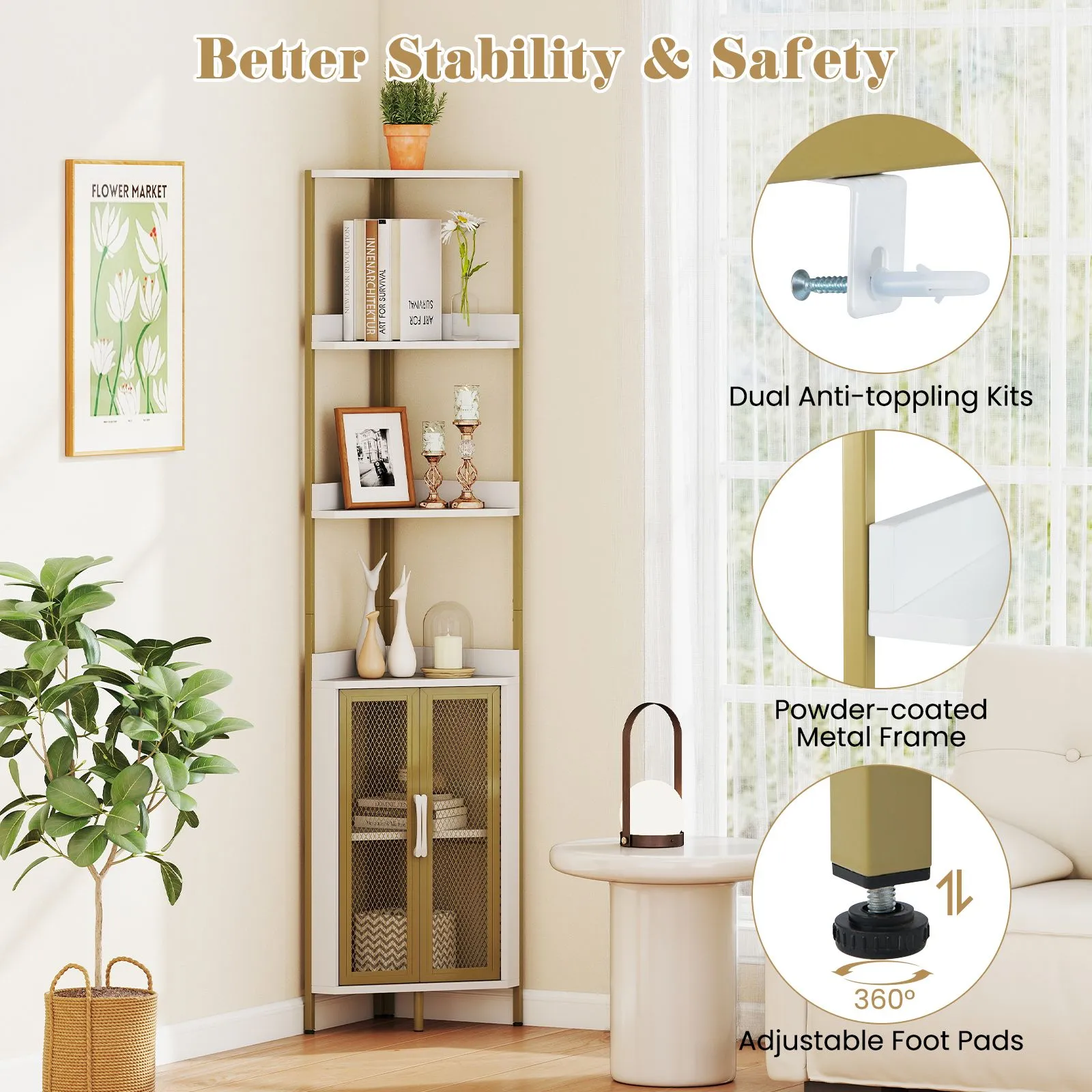 Costway 6-Tier Corner Shelf Industrial Bookcase Display Shelf w/ Cabinet in White 5