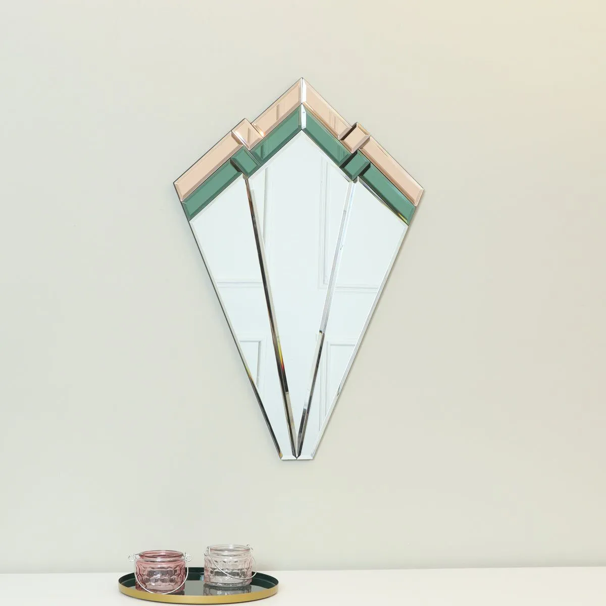 Melody Maison Green & Pink Glass Art Deco Fan Wall Mirror 60cm X 40cm