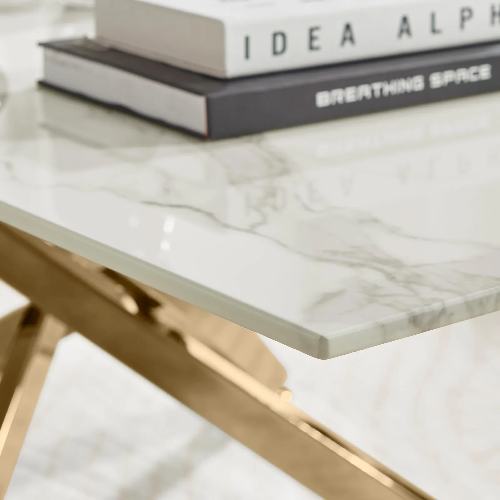 FurnitureboxUK Leonardo Rectangular Marble Effect Glass Top Coffee Table With Gold Metal Starburst Legs in White 4