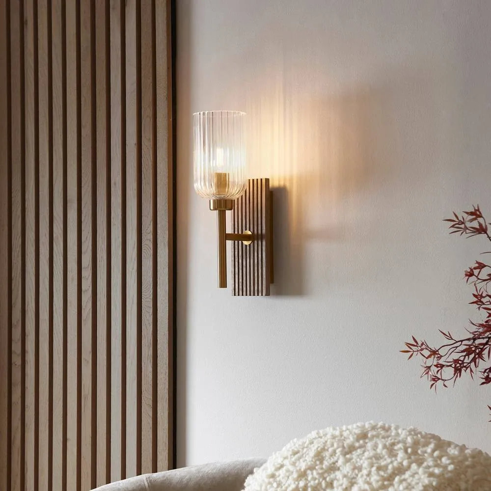 Netlighting Grove Wall Lamp Beechwood & Vintage Brass Ribbed Glass E14 in Brown 3