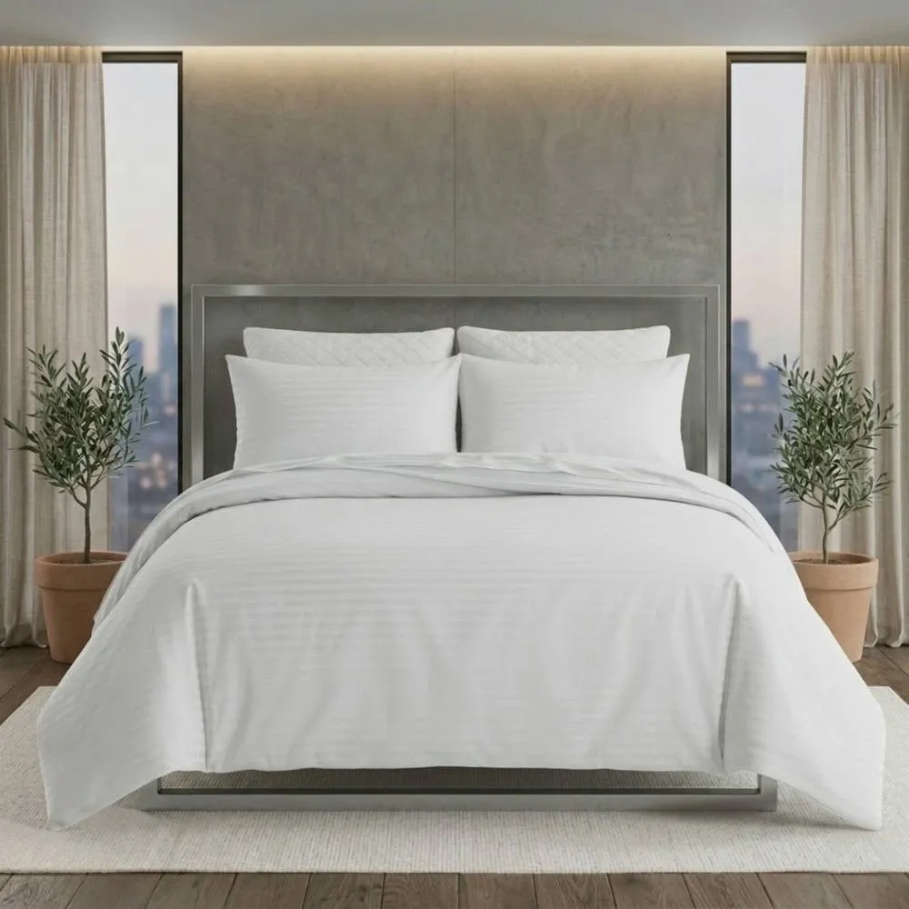 Snug City Luxury Satin Stripe Duvet Cover Set T250 Cotton Rich Soft Bed Linen in White
