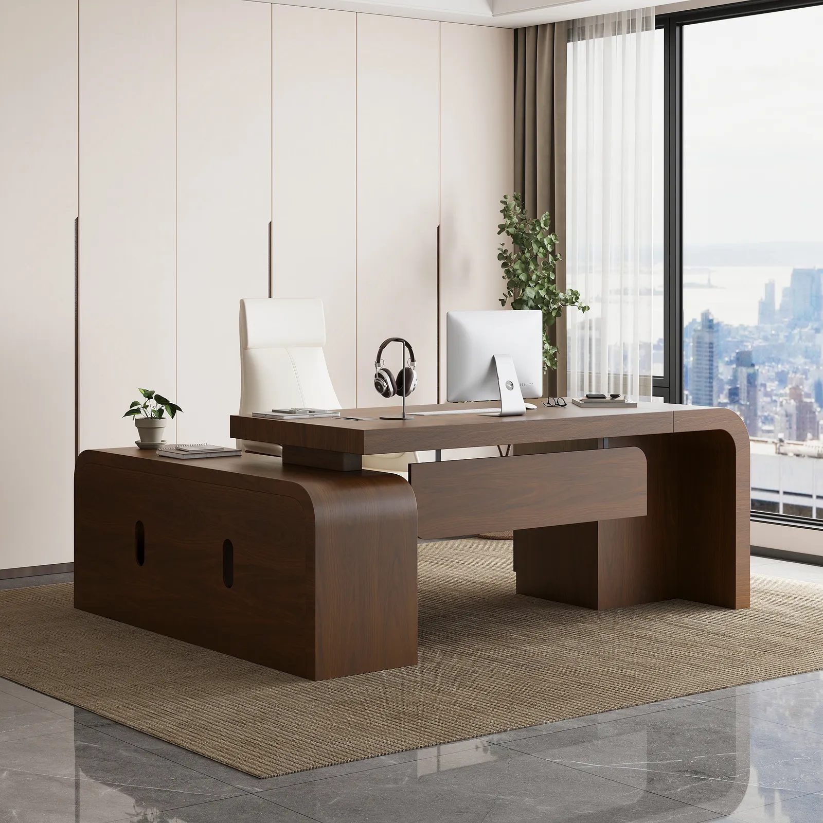 Chicent Walnut L-shaped Modern Executive Desk with Ample Storage Right Hand Office Furniture (180 cm)