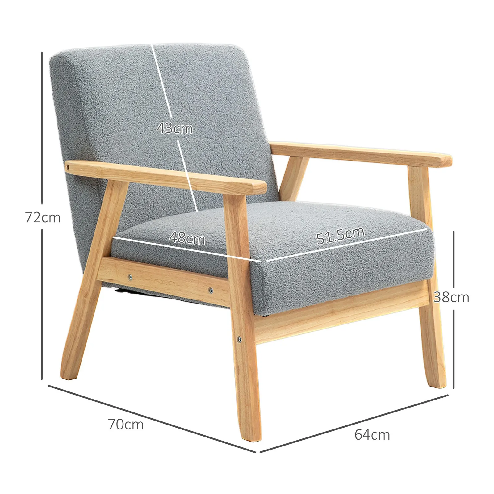 HOMCOM Accent Chair with Wood Frame Wide Seat Sherpa Fleece Armchair Grey 3