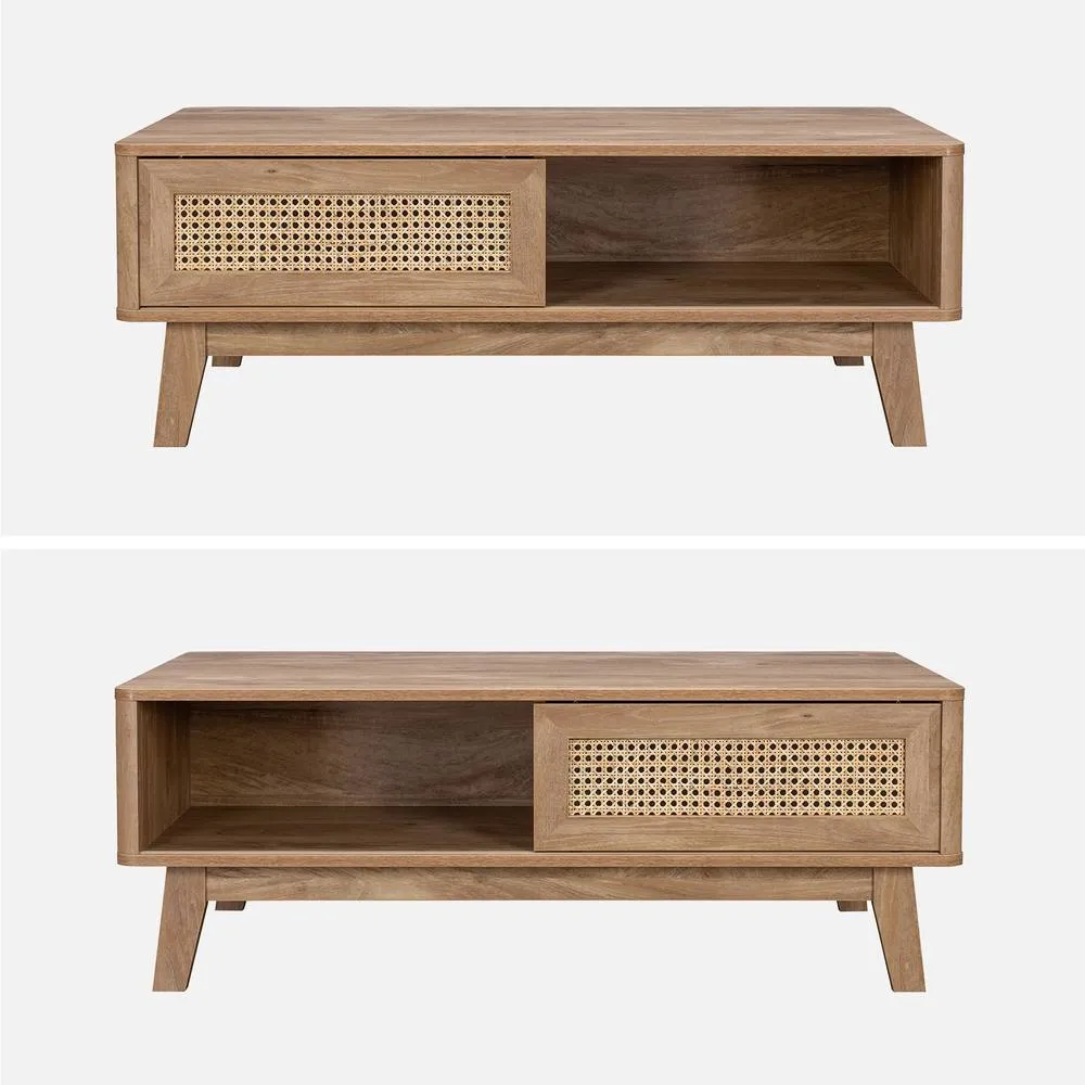 sweeek Coffee Table With Sliding Door Wood & Cane Effect in Light Brown 2