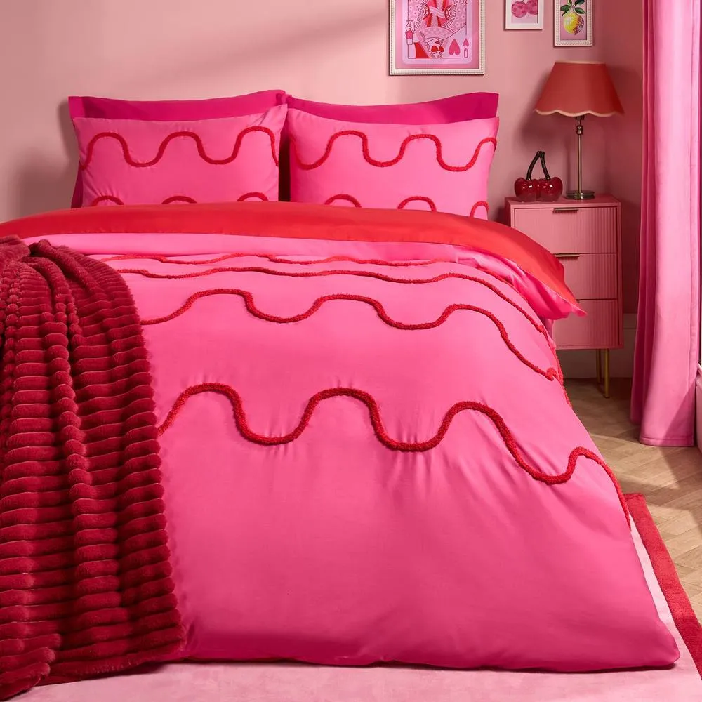 OHS Tufted Wave Bedding Set Modern Duvet Cover with Pillowcase in Bright Pink