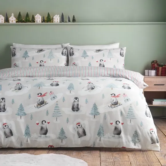 Catherine Lansfield Christmas Penguins 100% Brushed Cotton Duvet Cover & Pillowcase Set 1