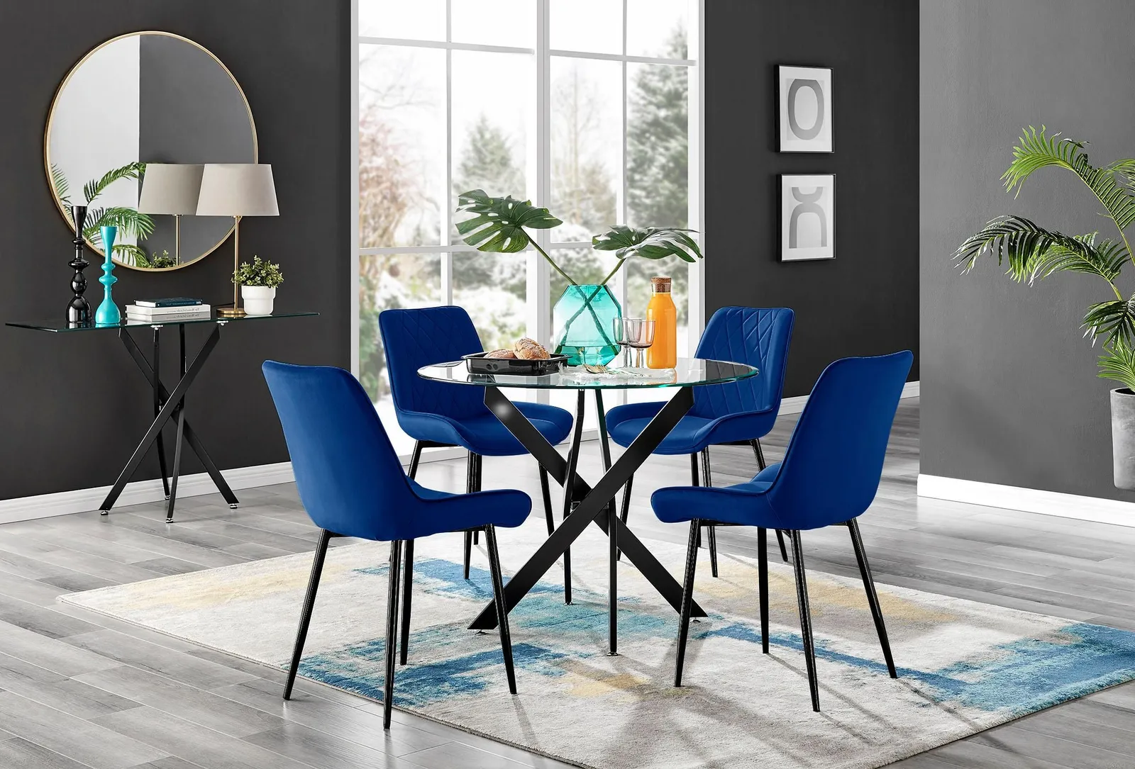 FurnitureboxUK Novara 4 Seater Black Leg Round Glass Dining Table & 4 Pesaro Soft Velvet Black Leg Chairs in Navy 1