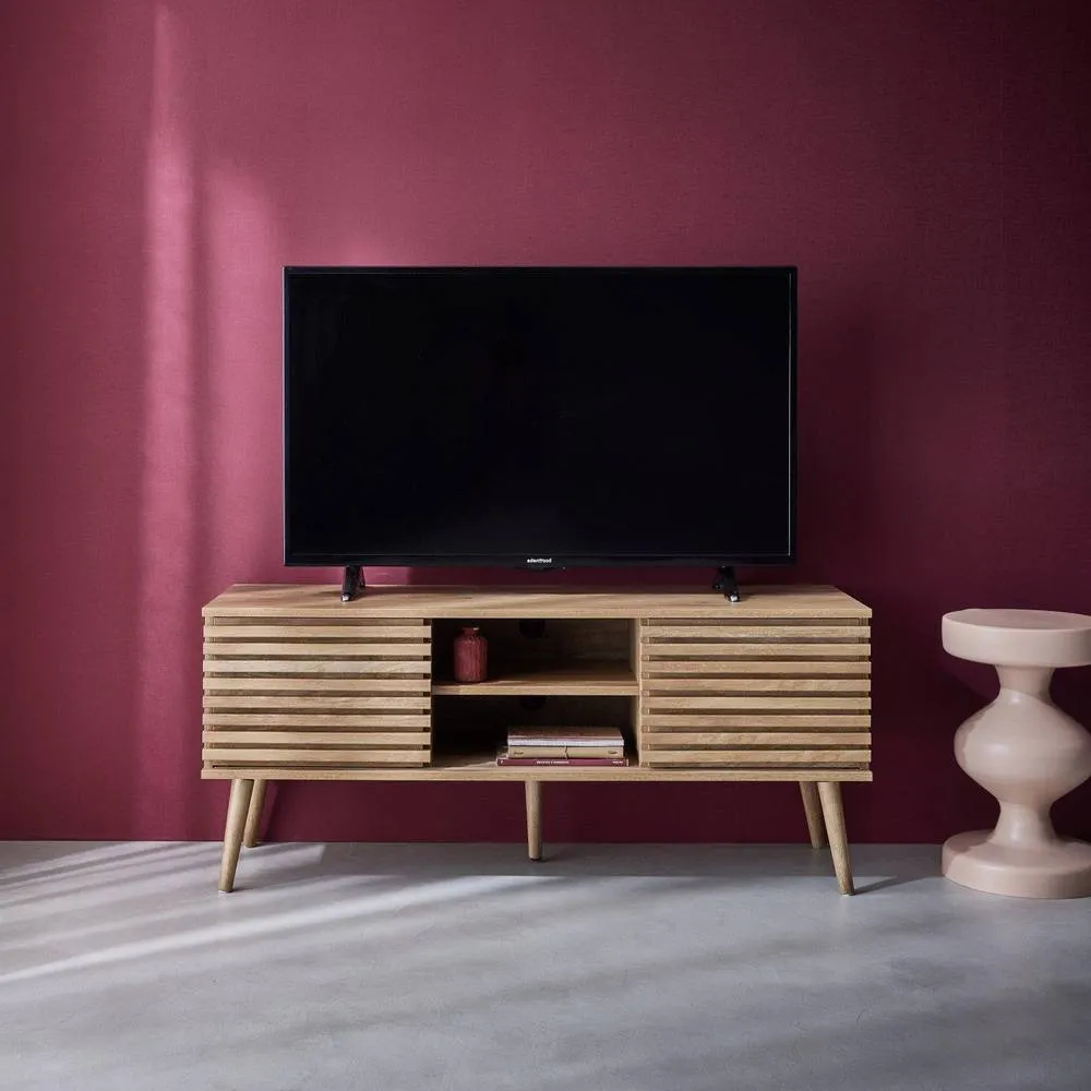 sweeek 120 Cm Scandinavian Tv Unit Grooved Wooden Effect 2 Doors in Light Brown 1