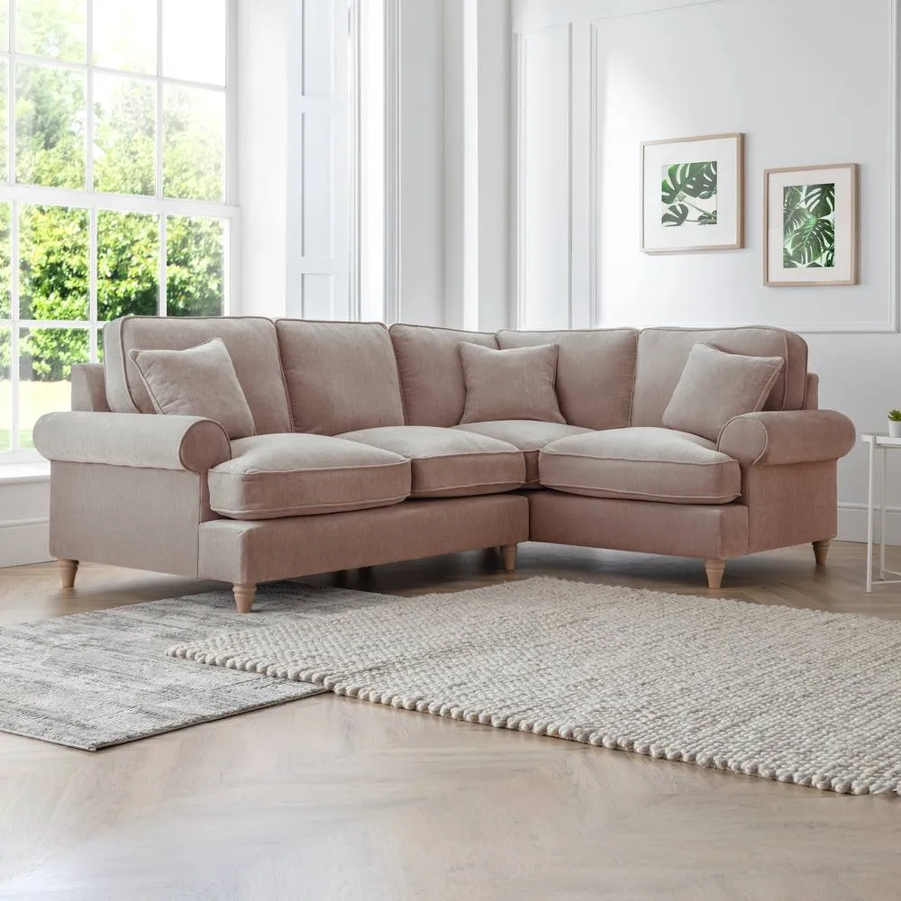 The Great Sofa Company Ezra Right Hand Velvet Corner Sofa - Scroll Arm in Taupe 1