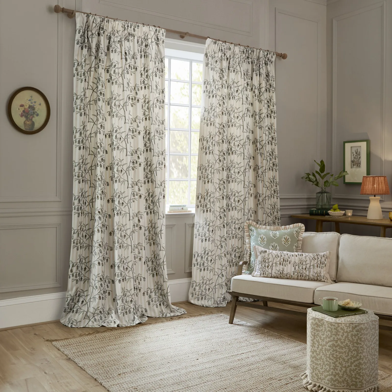 Sanderson Chinese Lanterns Embroidered Room Darkening Pencil Pleat Curtains in Beige 2