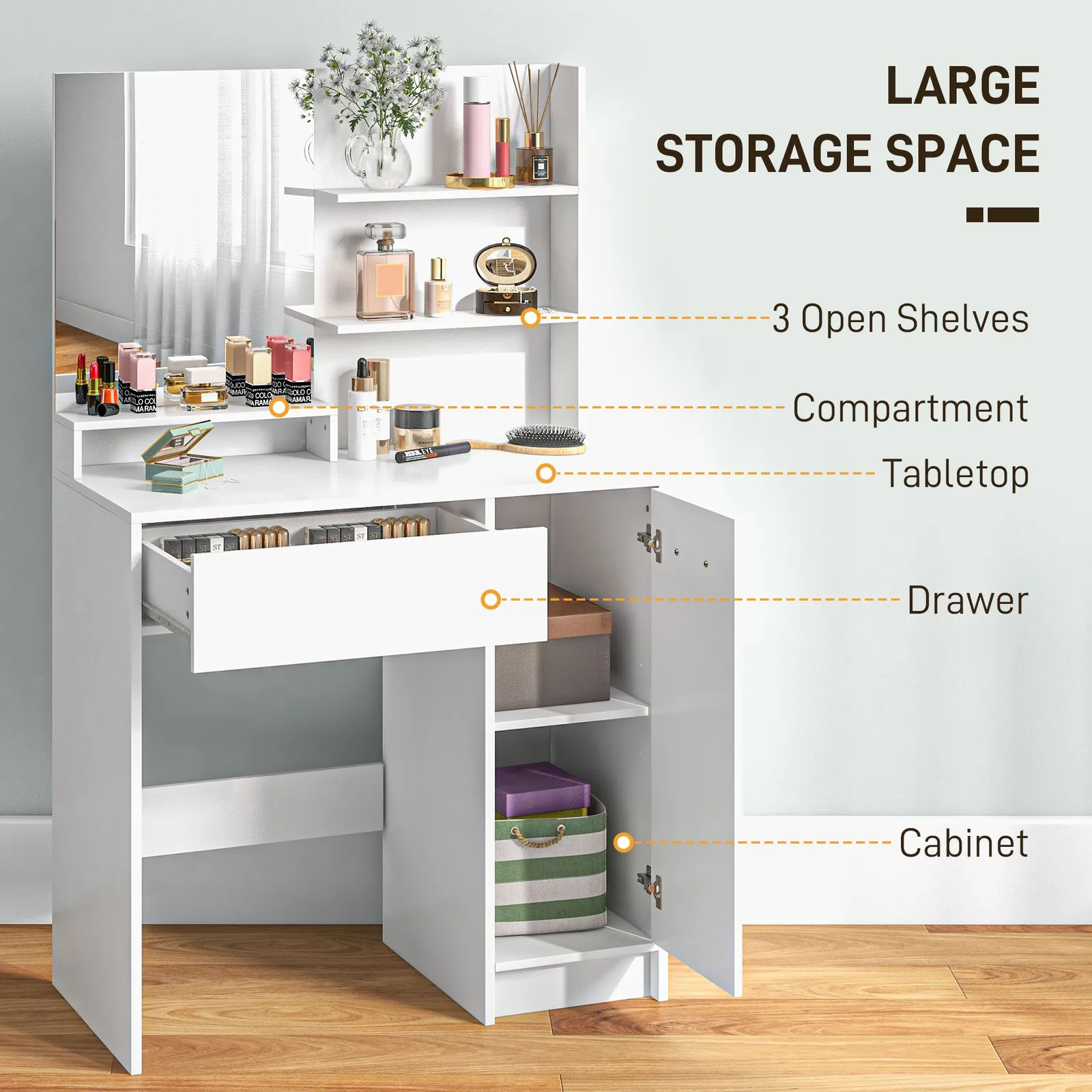 HOMCOM Dressing Table with Mirror & Stool, Makeup Desk for Bedroom in White 4