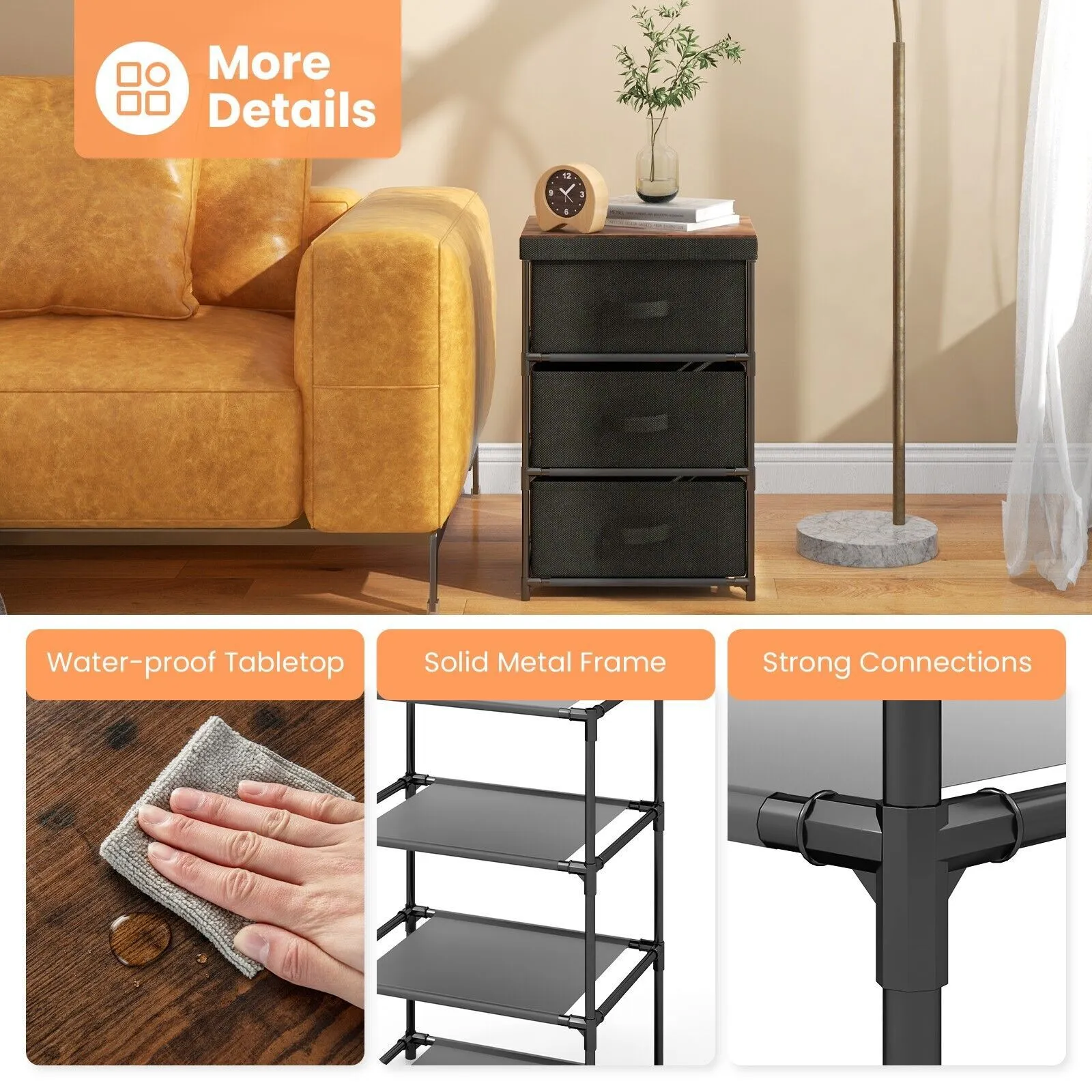 Costway 3-Tier Fabric Dresser Chests of Drawers Bedroom Nightstand w/ 3 Drawers in Black 5