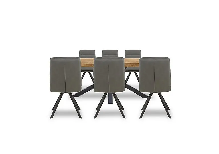 Njord Raw Edge Dining Table with Metal Star Base and 6 Grey Faux Leather Swivel Chairs - 220-cm