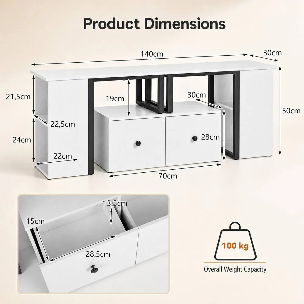 Costway Wood TV Cabinet 140 x 30 x 50 cm Lowboard TV Stand with 2 Large Drawers in White 2