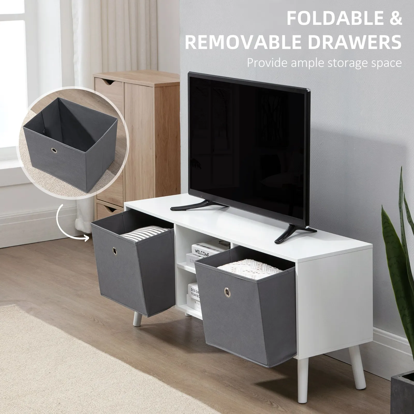 HOMCOM Modern TV Cabinet Stand w/ Shelves & Drawers, Bedroom in White 6