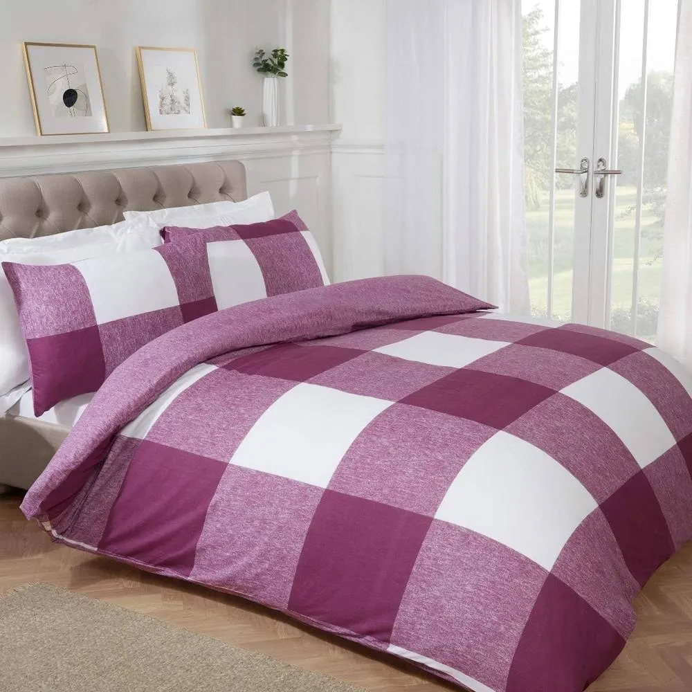 Smart Living Luxury Gingham Check Plain Reversible Duvet Cover With Pillowcases in Plum