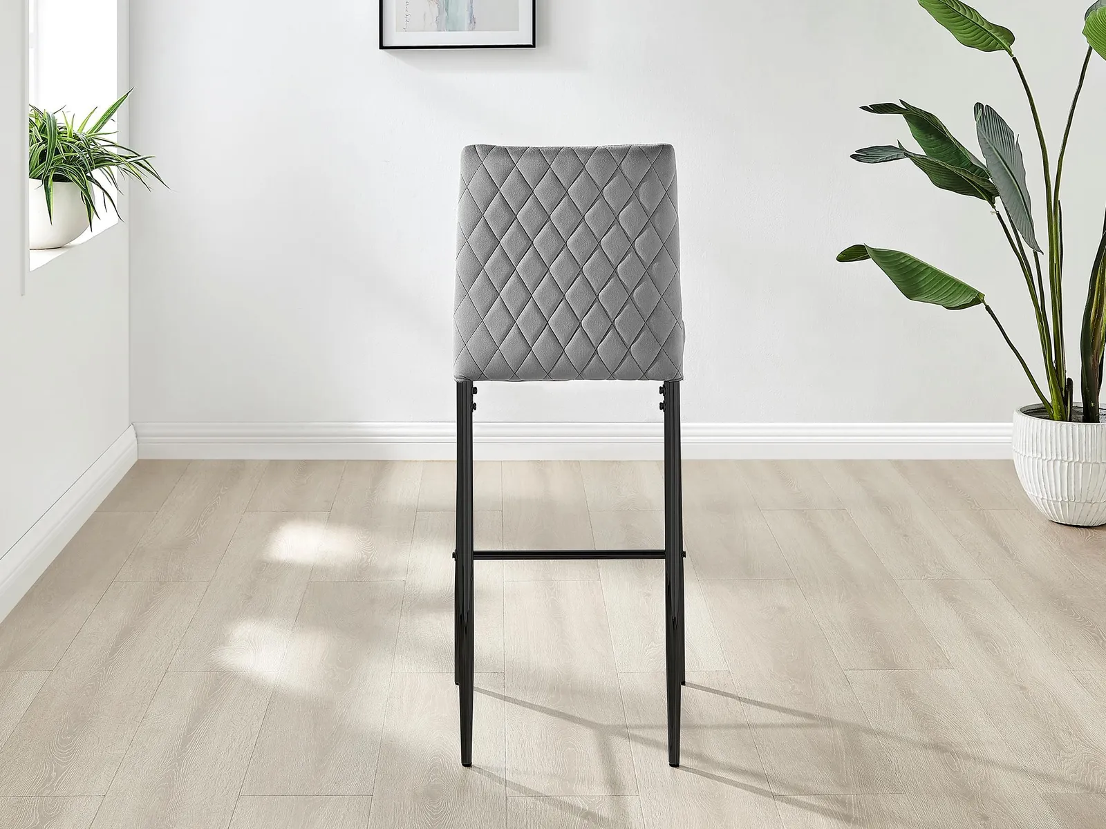 FurnitureboxUK Set of 2 Milan Soft Touch Hatched Velvet Padded Counter Stools With Black Metal Legs in Grey 5