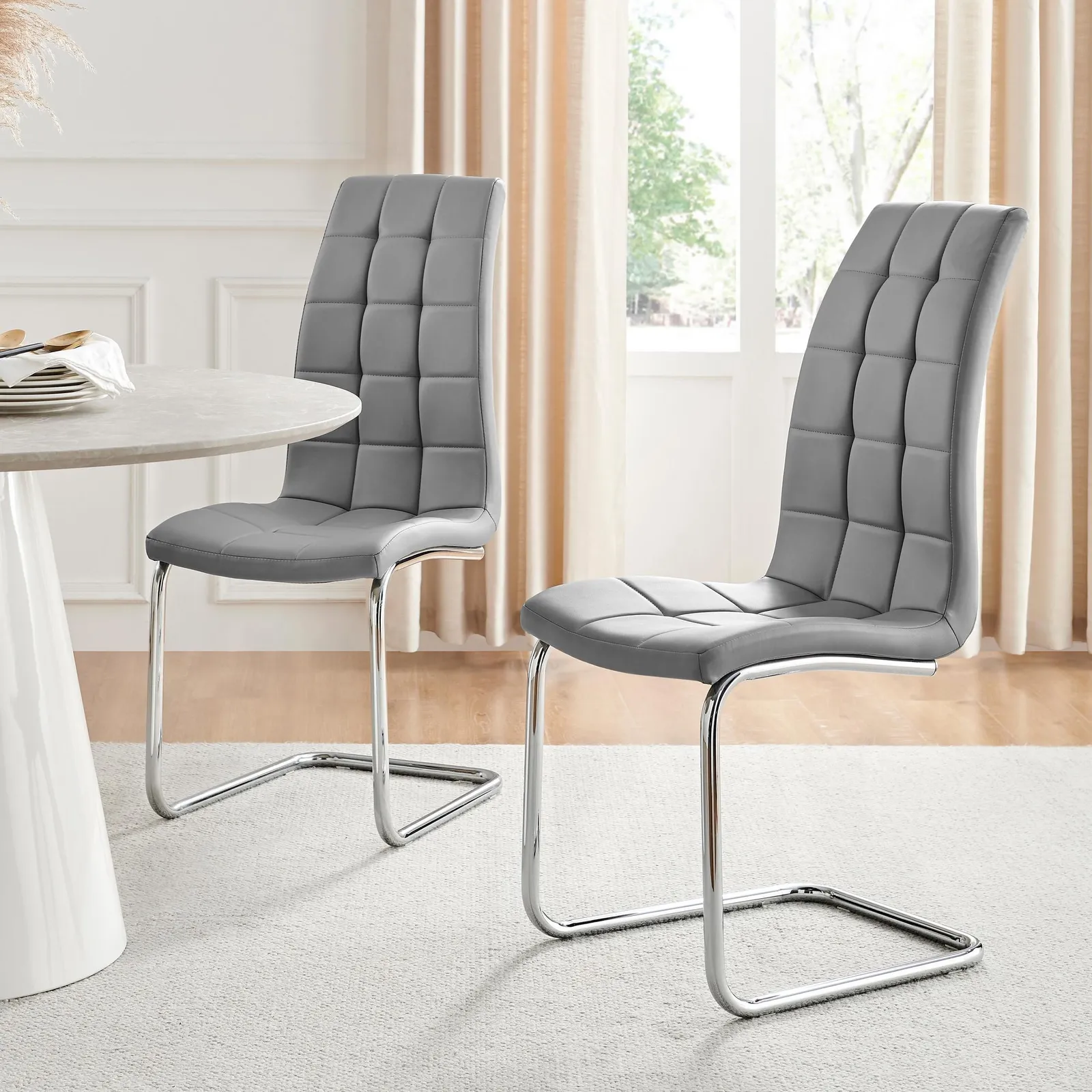 FurnitureboxUK Set of 2 Murano Deep Cushioned Soft Touch Faux Leather Dining Chairs With Silver Chrome Metal Legs in Grey