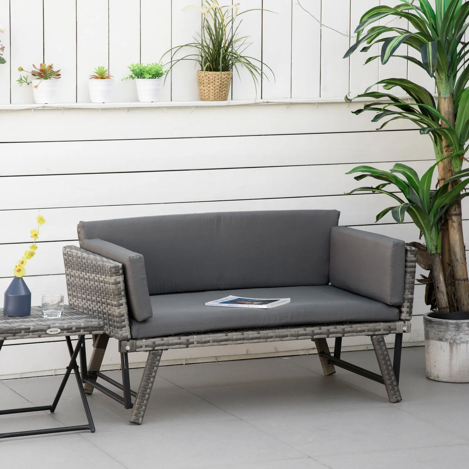 OUTSUNNY 2 in 1Rattan Folding Chaise Lounger w/ Cushion for Garden in Grey 1