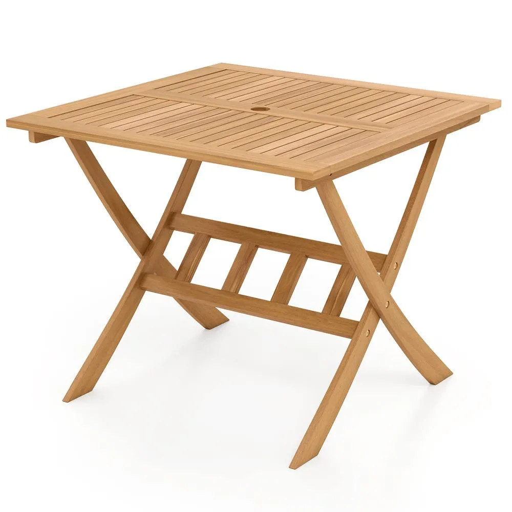 Costway Acacia Wood Folding Table 90CM Patio Dining Table w/Umbrella Hole in Natural 5