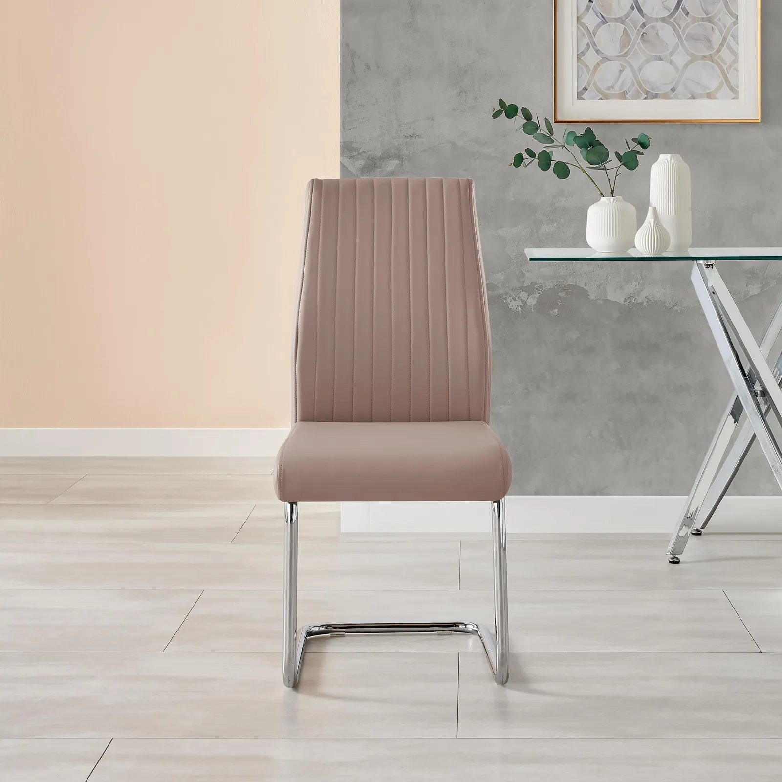 FurnitureboxUK 2x Lorenzo Faux Leather Chrome Dining Chairs in Beige 5