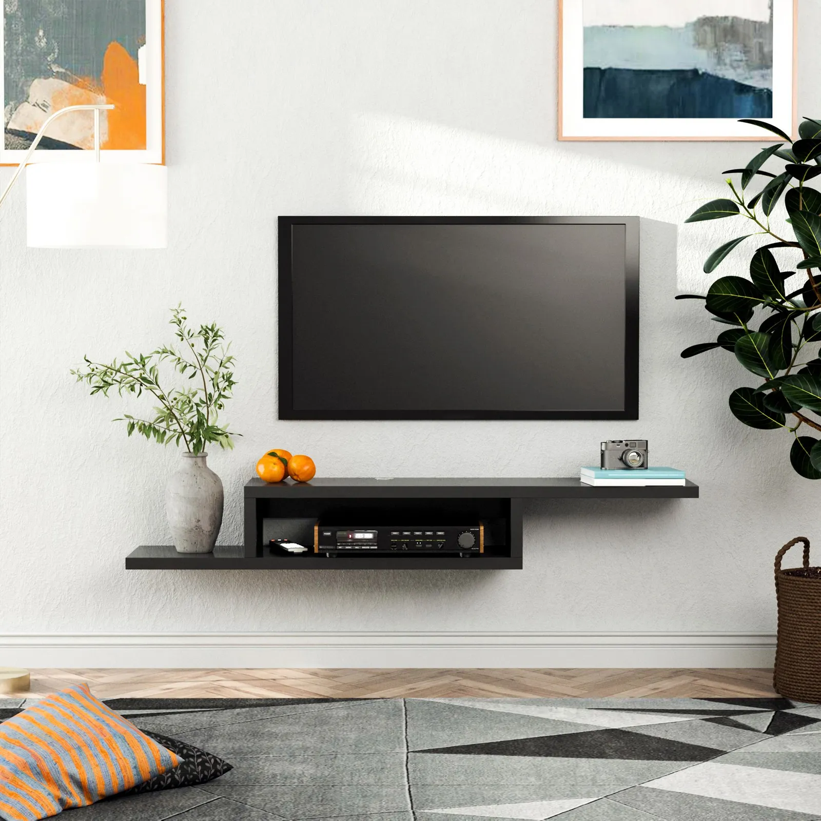 HOMCOM Wall Mounted Media Console, Floating TV Stand Component Shelf in Black