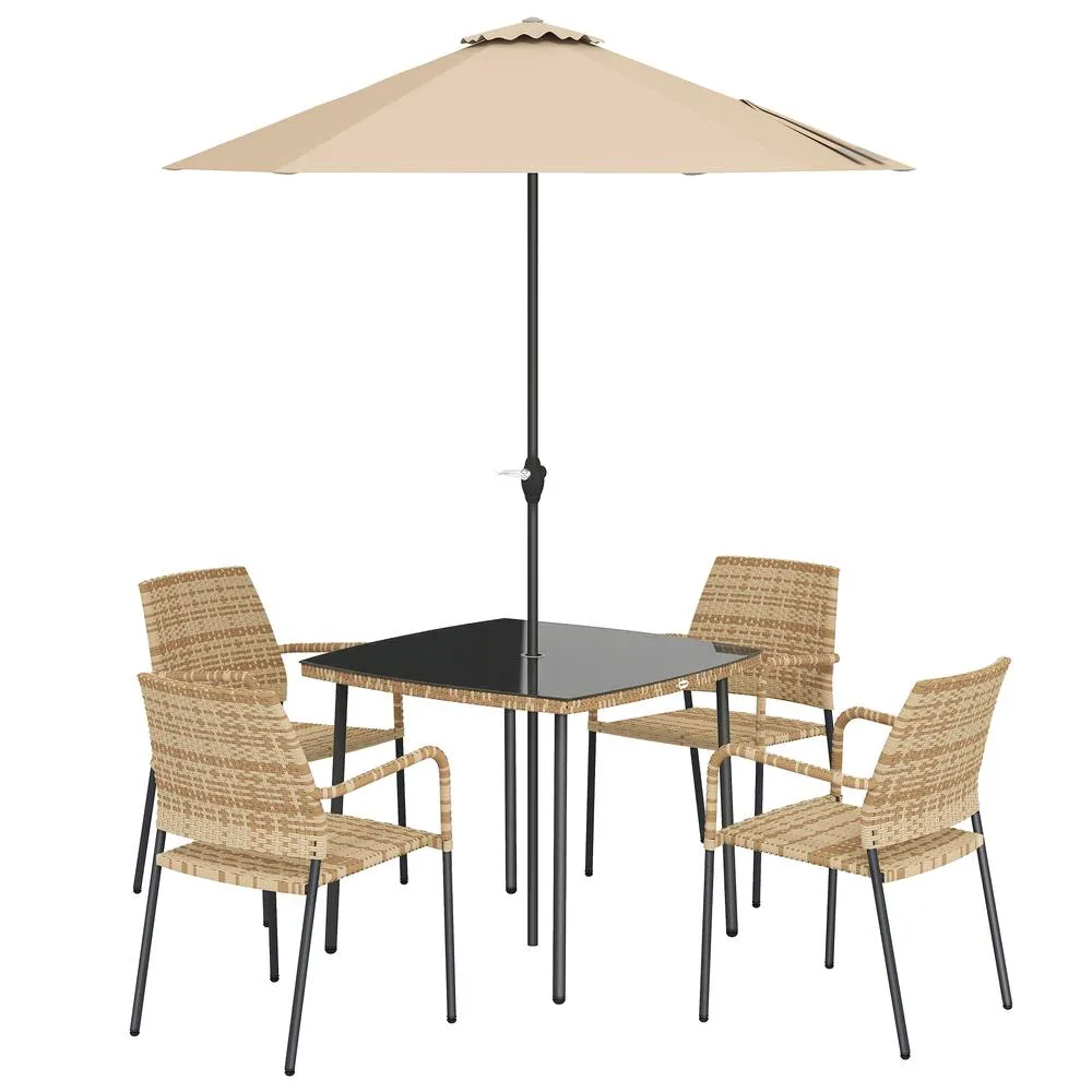 OUTSUNNY 4 Seater Rattan Dining Set with Parasol, Light Brown 2