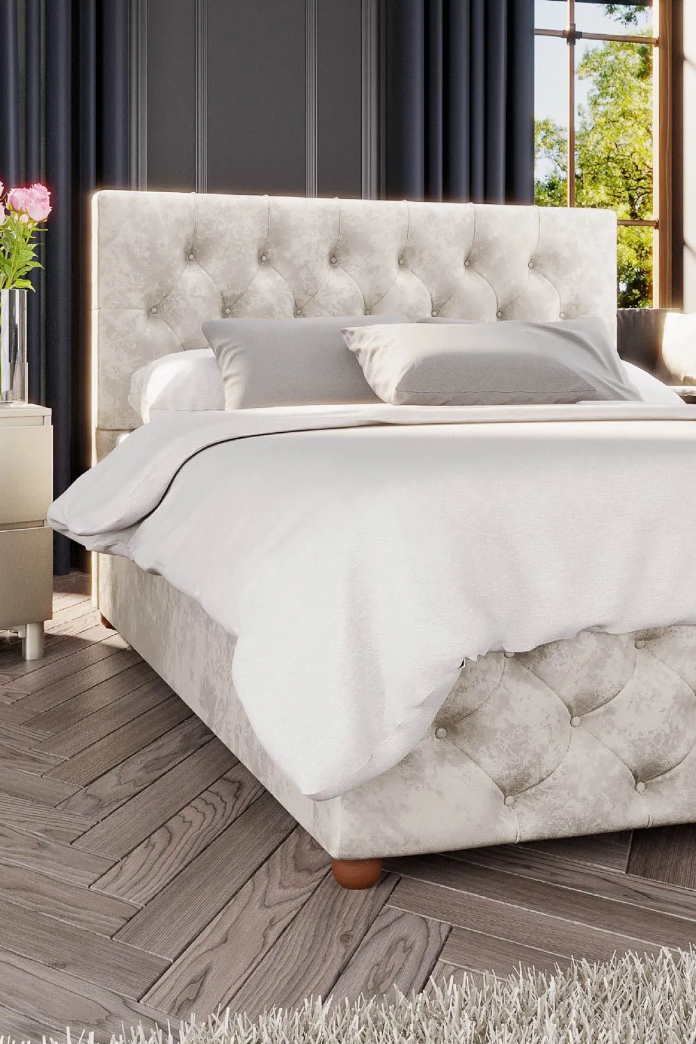 Laurence Llewelyn-Bowen Luna Ottoman Storage Bed in Mirazzi Velvet Fabric, Custom Made in Ivory 3