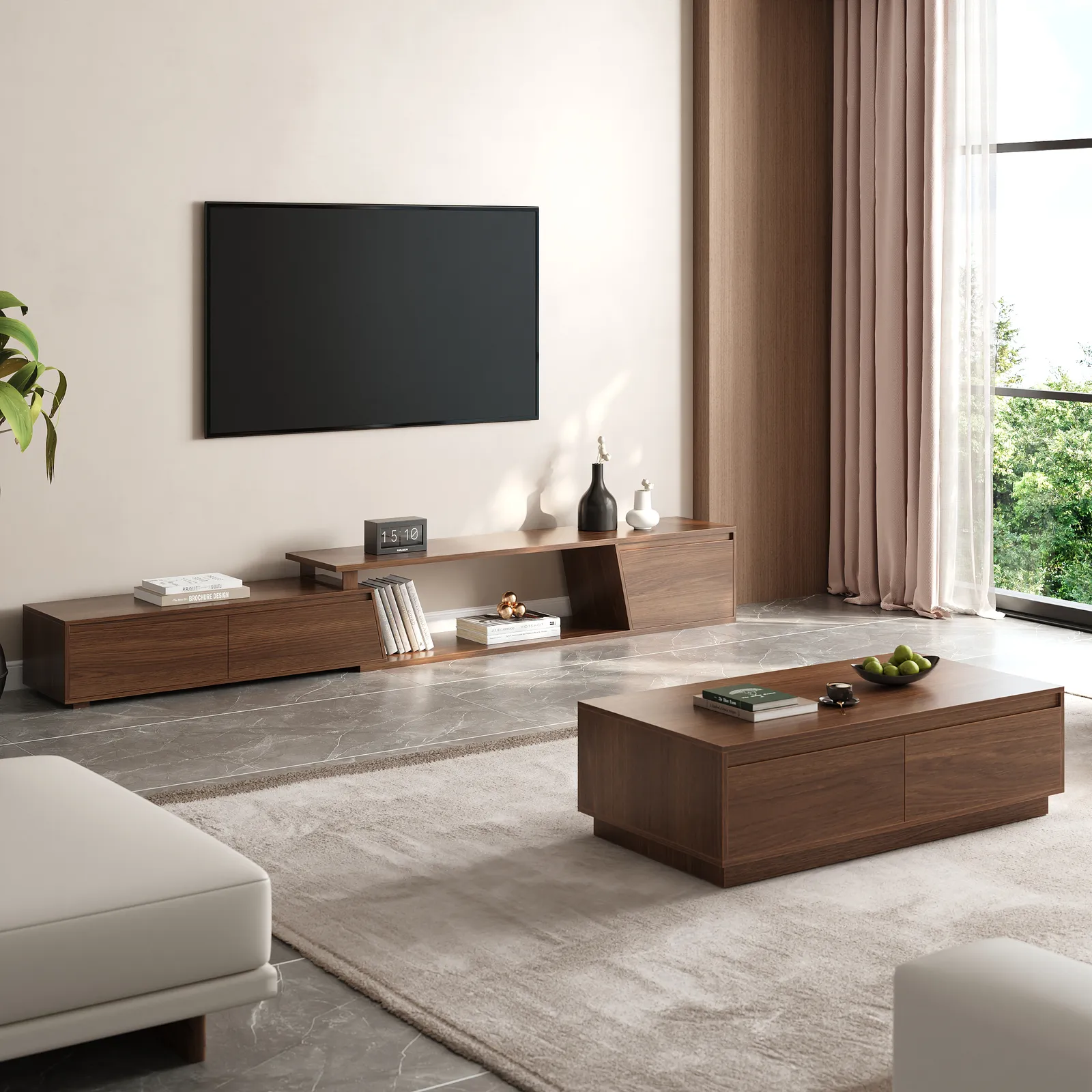 Fero TV Stand Set of Wood White & Walnut Extendable TV Stand & Rectangular Coffee Table
