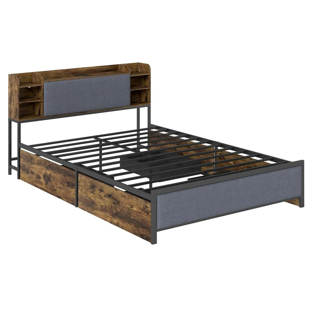 Costway King Size Bed Frame w/ LED Lights & Charging Station Platform Bed in Brown 4