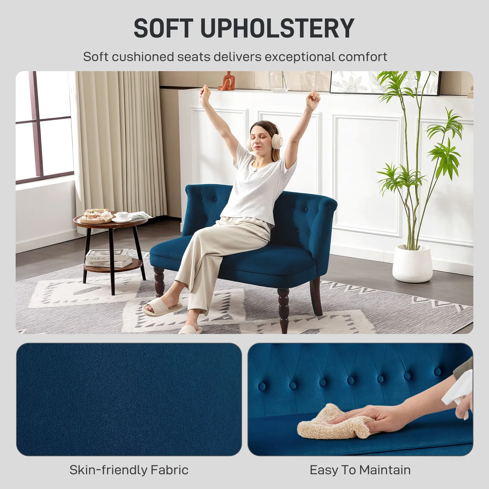 HOMCOM Velvet-Feel Two-Seat Lounger Sofa with Wood Frame, Dark Blue 6