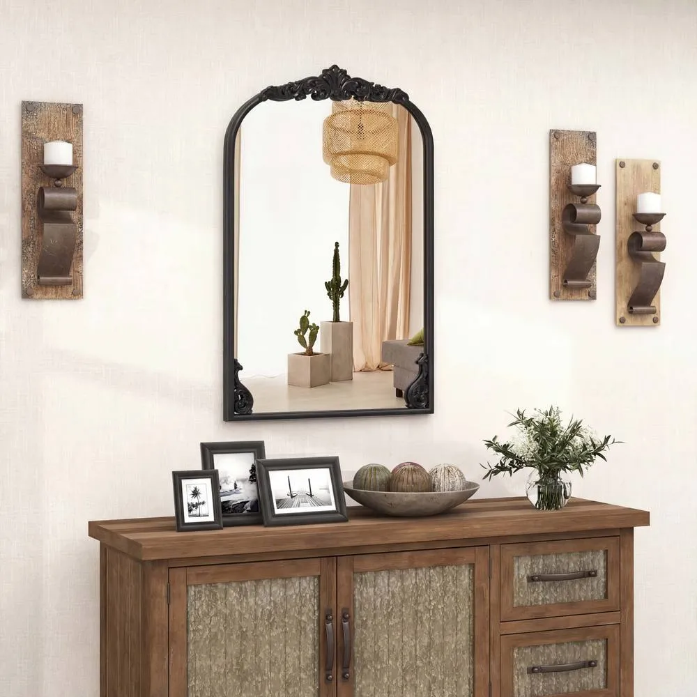 Costway Wall Mirror 76 cm x 51cm Arched Mirror w/ Baroque Ornate Frame in Black