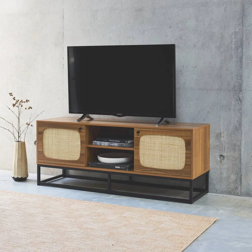 sweeek 140cm Tv Unit Wooden Effect & Rounded Cane 2 Doors in Light Brown 6