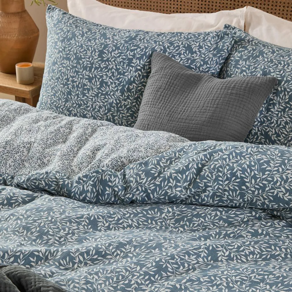 Yard Perrie Leaf Muslin 100% Cotton Duvet Cover Set in Blue 5
