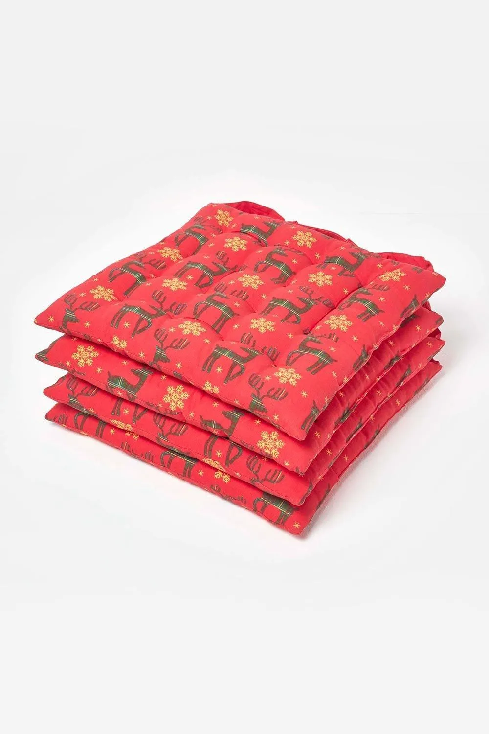 Homescapes 4 Pack Seat Pads Luxury Cotton Christmas Red Reindeer Indoor Outdoor Cushion