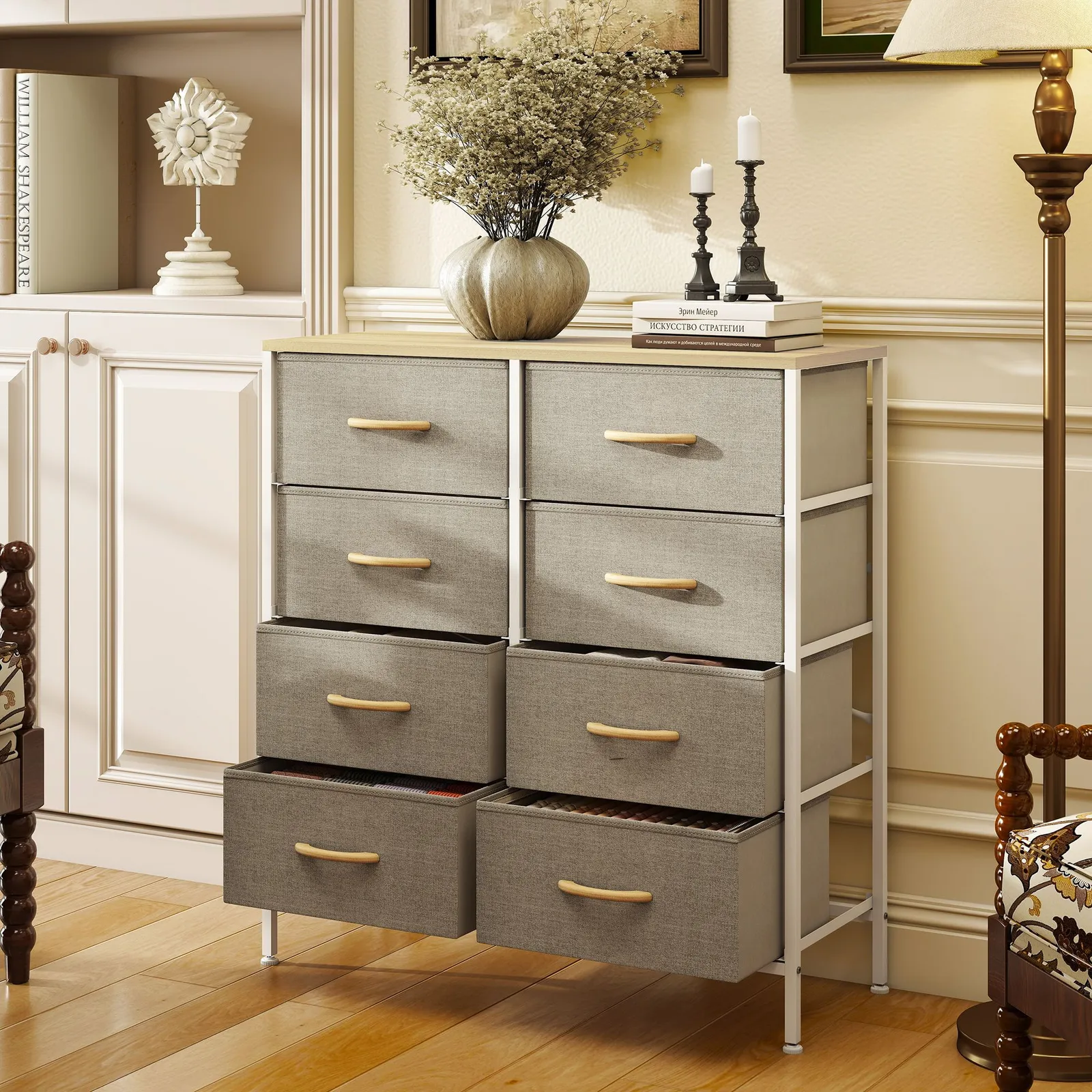 HOMCOM 8 Drawer Fabric Chest of Drawers w/ Wooden Top for Hallway in Natural 1