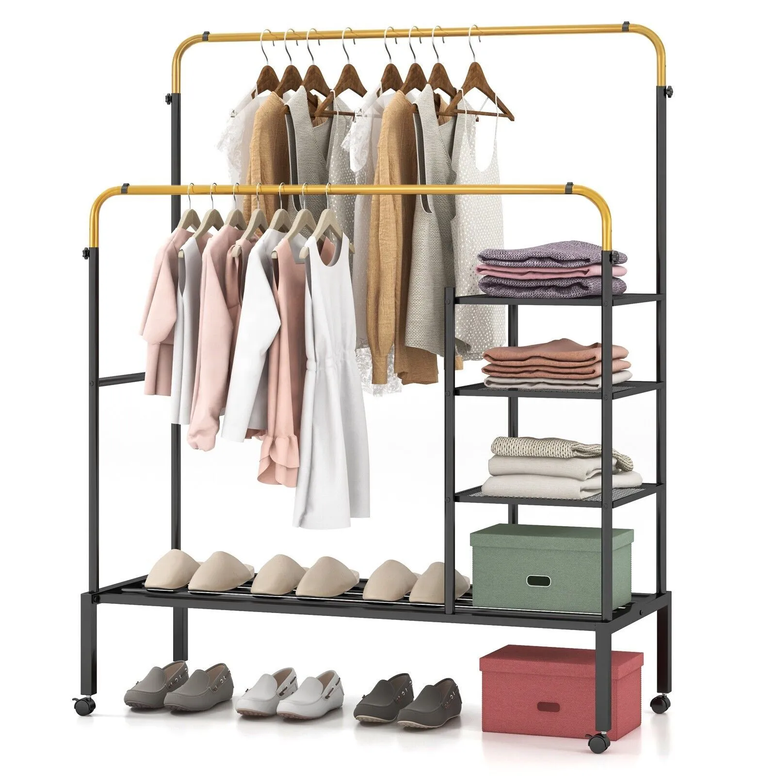 Costway Rolling Clothes Drying Rack Adjustable Double Rods Garment Rack Clothes Hanger in Black
