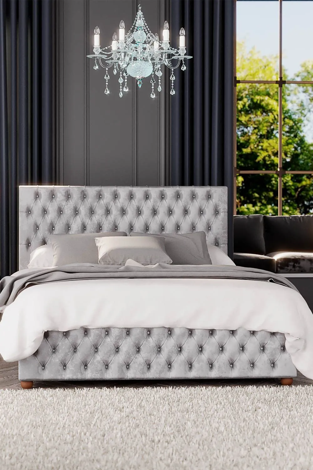 Laurence Llewelyn-Bowen Seren Ottoman Storage Bed in Mirazzi Velvet Fabric, Custom Made in Silver