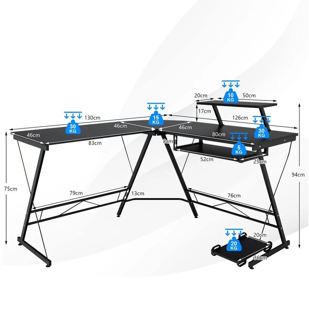 Costway L-Shaped Computer Desk Office Corner Workstation w/ Host Stand in Black 2