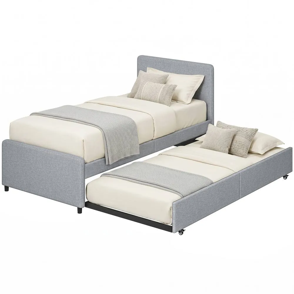 HOMCOM 90 x 190 cm Upholstered Single Bed, Pull Out Trundle Bed in Light Grey 2