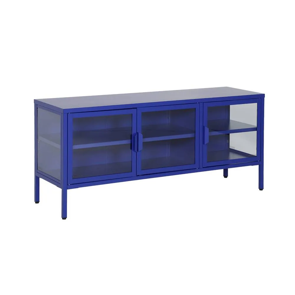 sweeek Industrial metal & tempered glass TV stand with 3 doors 120cm in Blue 2