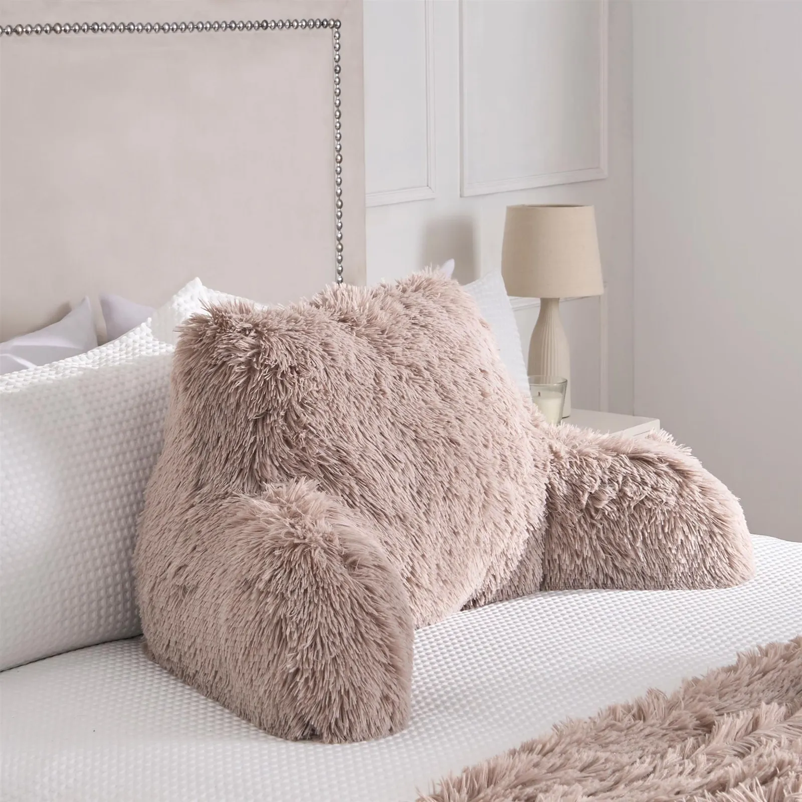 OHS Fluffy Fleece Reading Cushion Pillow with Arms Lumbar Chair Support in Natural