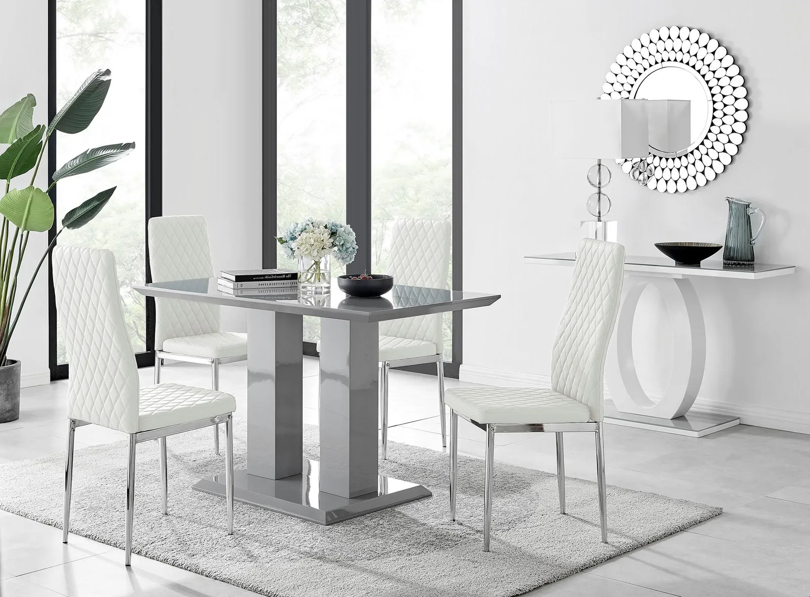 FurnitureboxUK Imperia Grey High Gloss 4 Seater Dining Table with Structural 2 Plinth Column Legs 4 Soft Faux Leather Silver Leg Milan Chairs in White 1